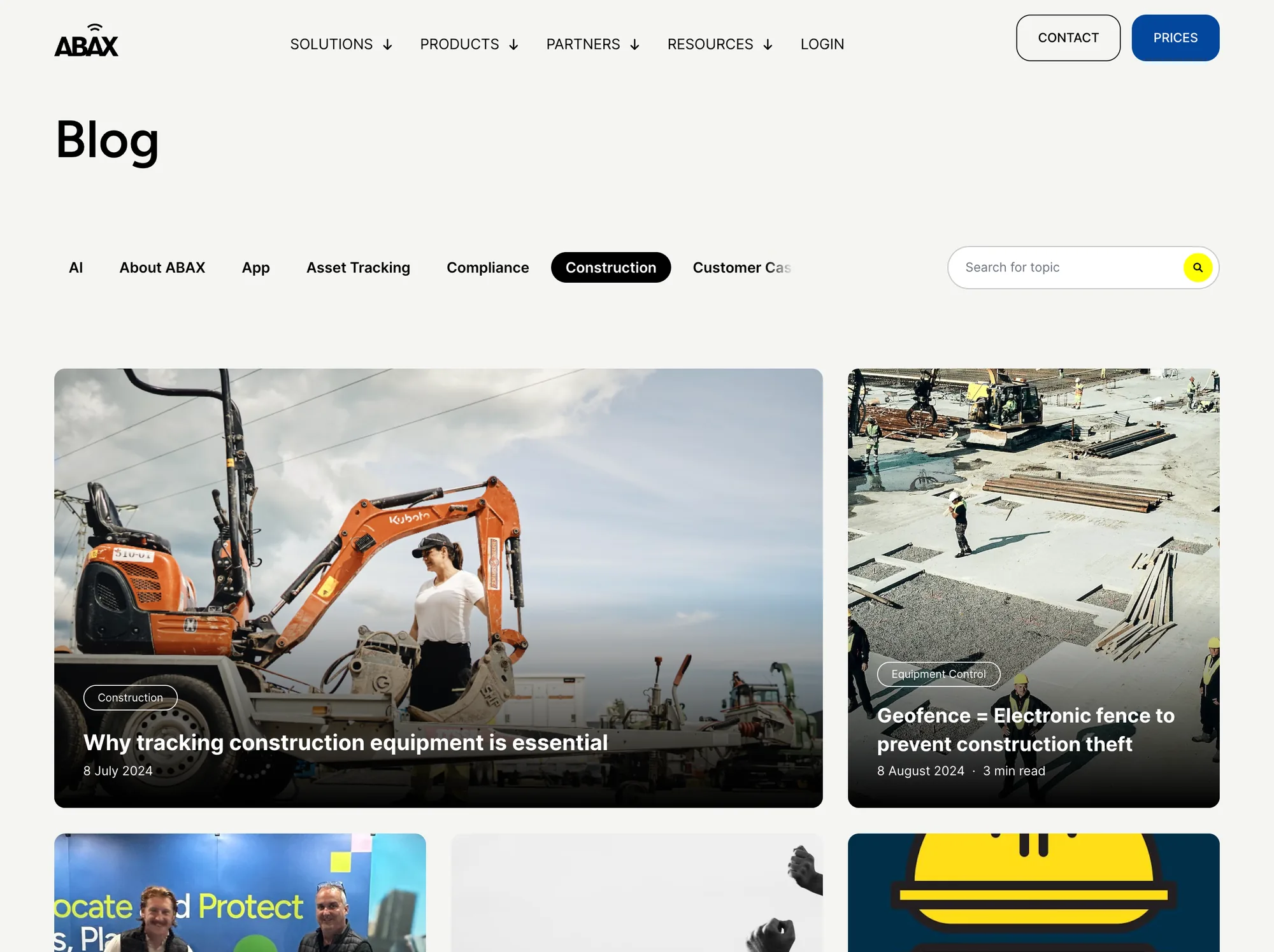 Blog home page with topic filters and search