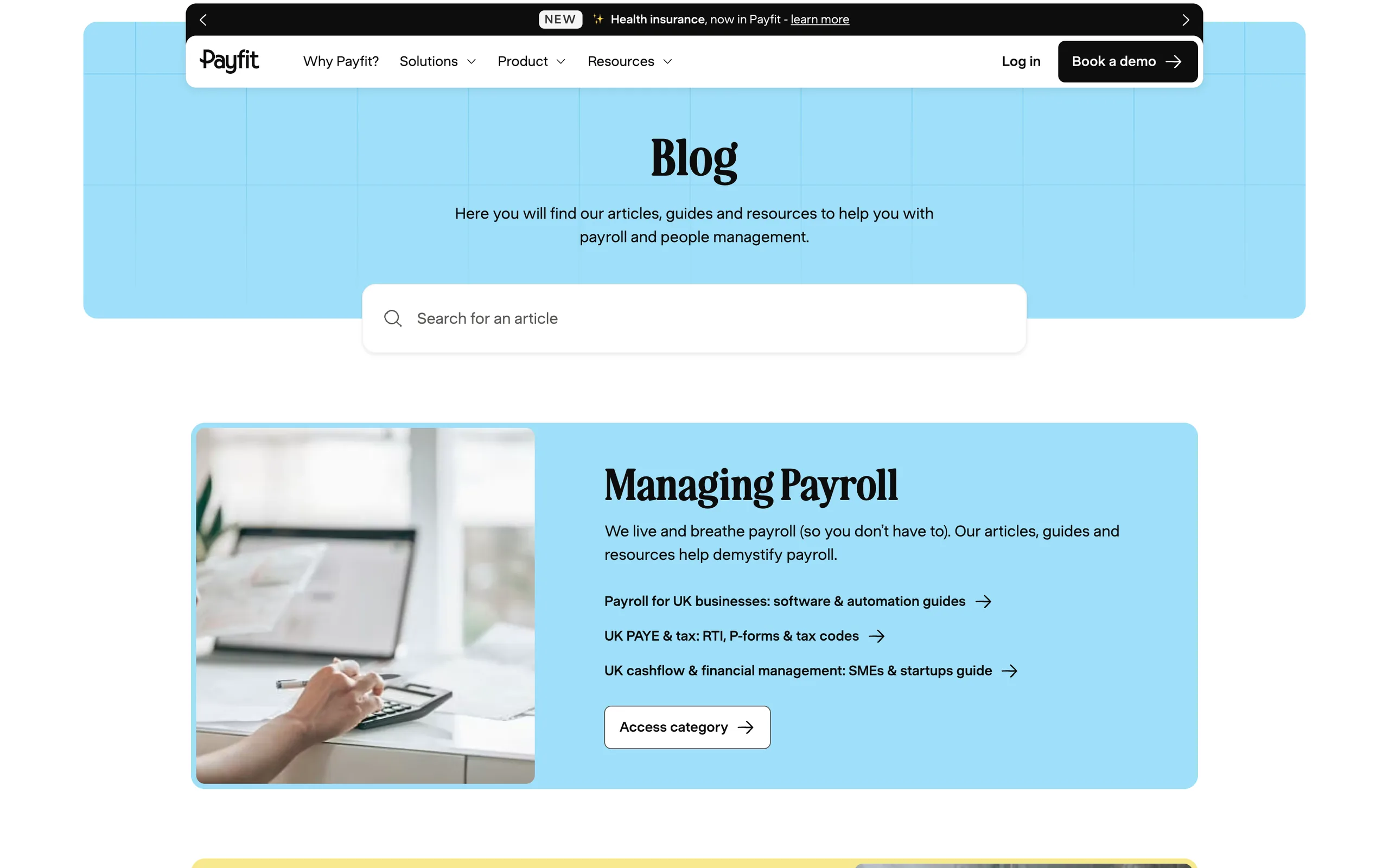 Blog home page with search and the Managing Payroll topic