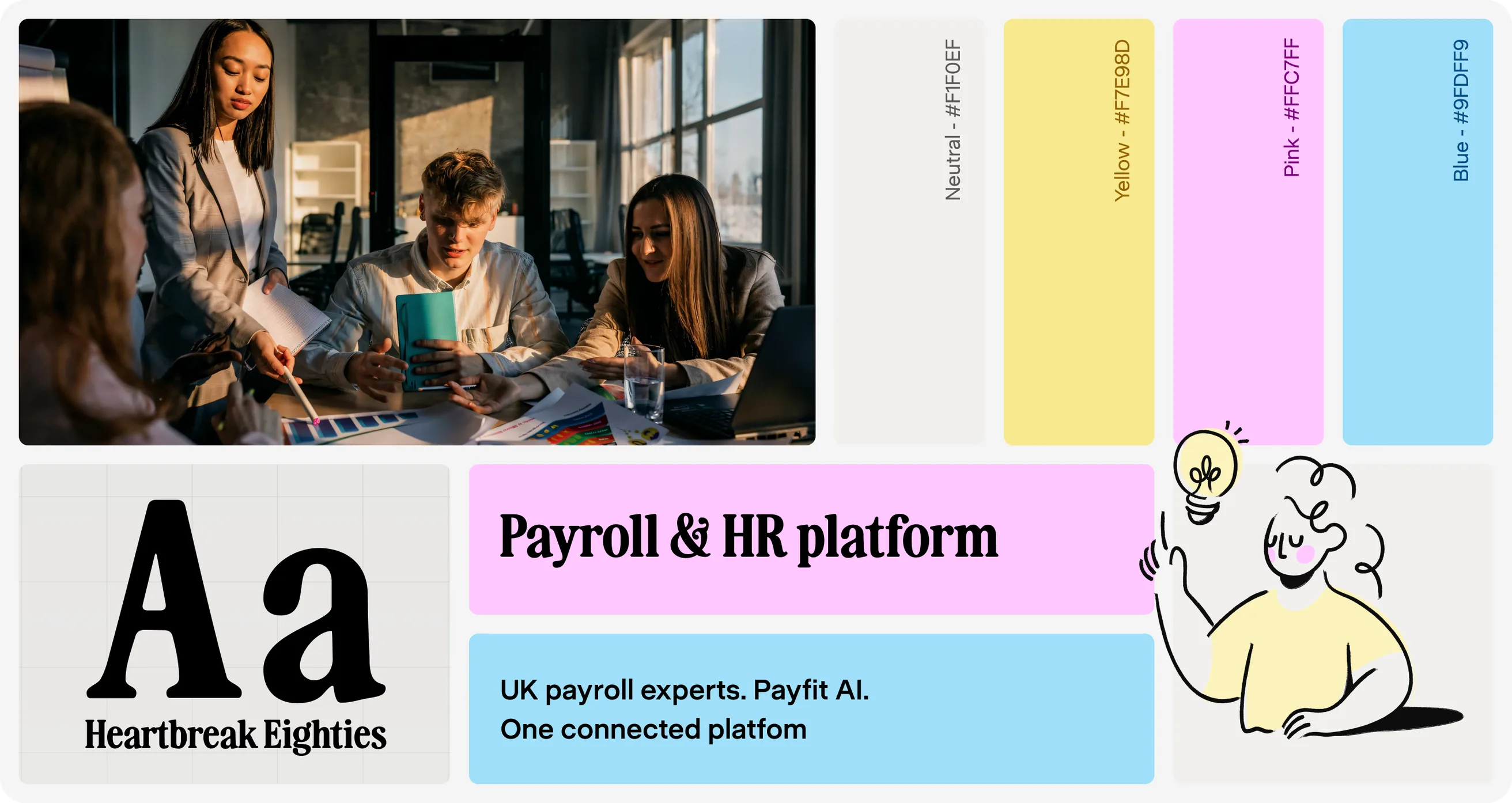 Payfit’s new identity: the Heartbreak Eighties typeface, neutral, yellow, pink and blue colors, team photography and a line illustration