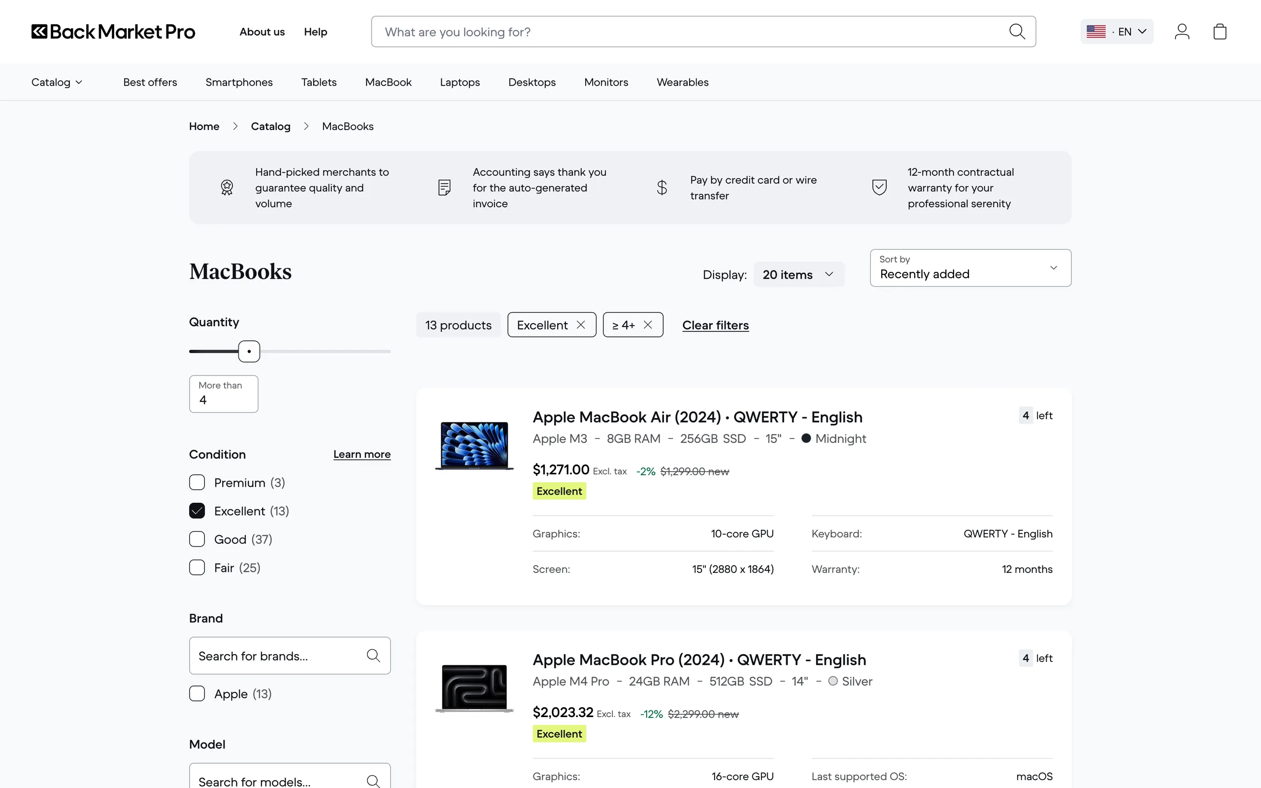 Catalog search: MacBooks filtered by quantity, condition, brand and model