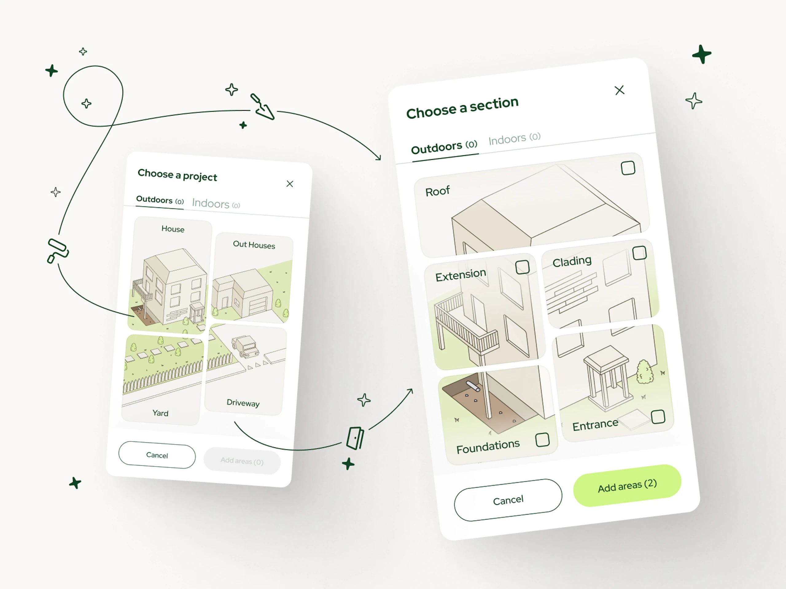 Choose a project, then the sections to renovate: roof, extension, cladding, foundations and entrance