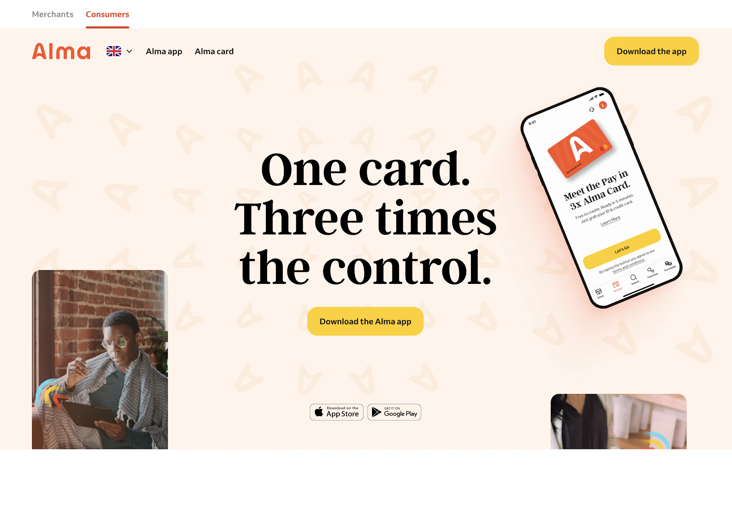 Consumer page for the Alma card: One card. Three times the control.