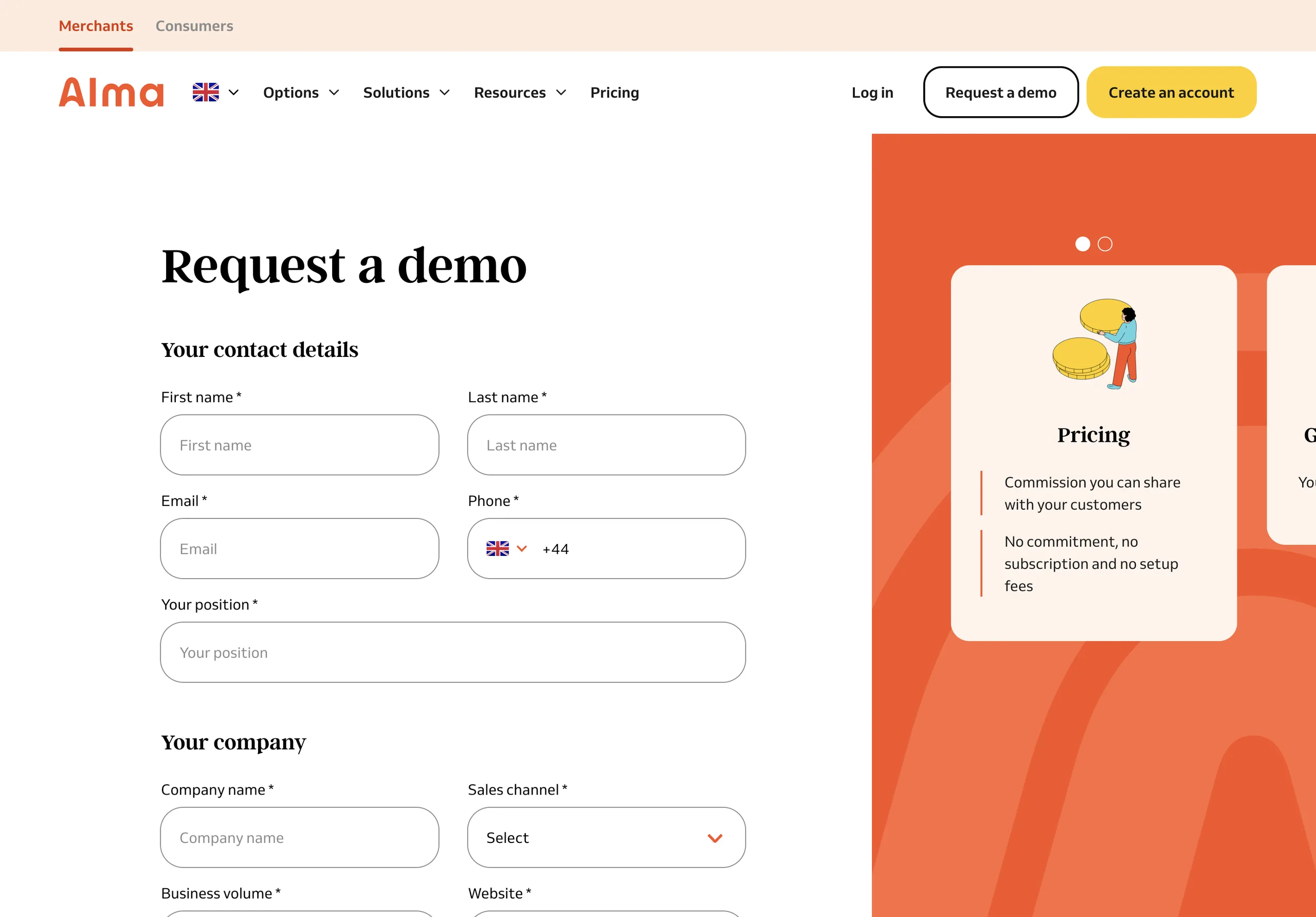 Request a demo: a form for contact and company details, next to Alma’s pricing highlights