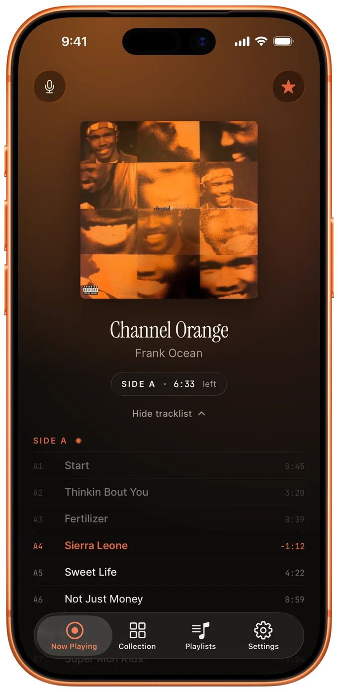 Analog on iPhone, now playing Channel Orange by Frank Ocean