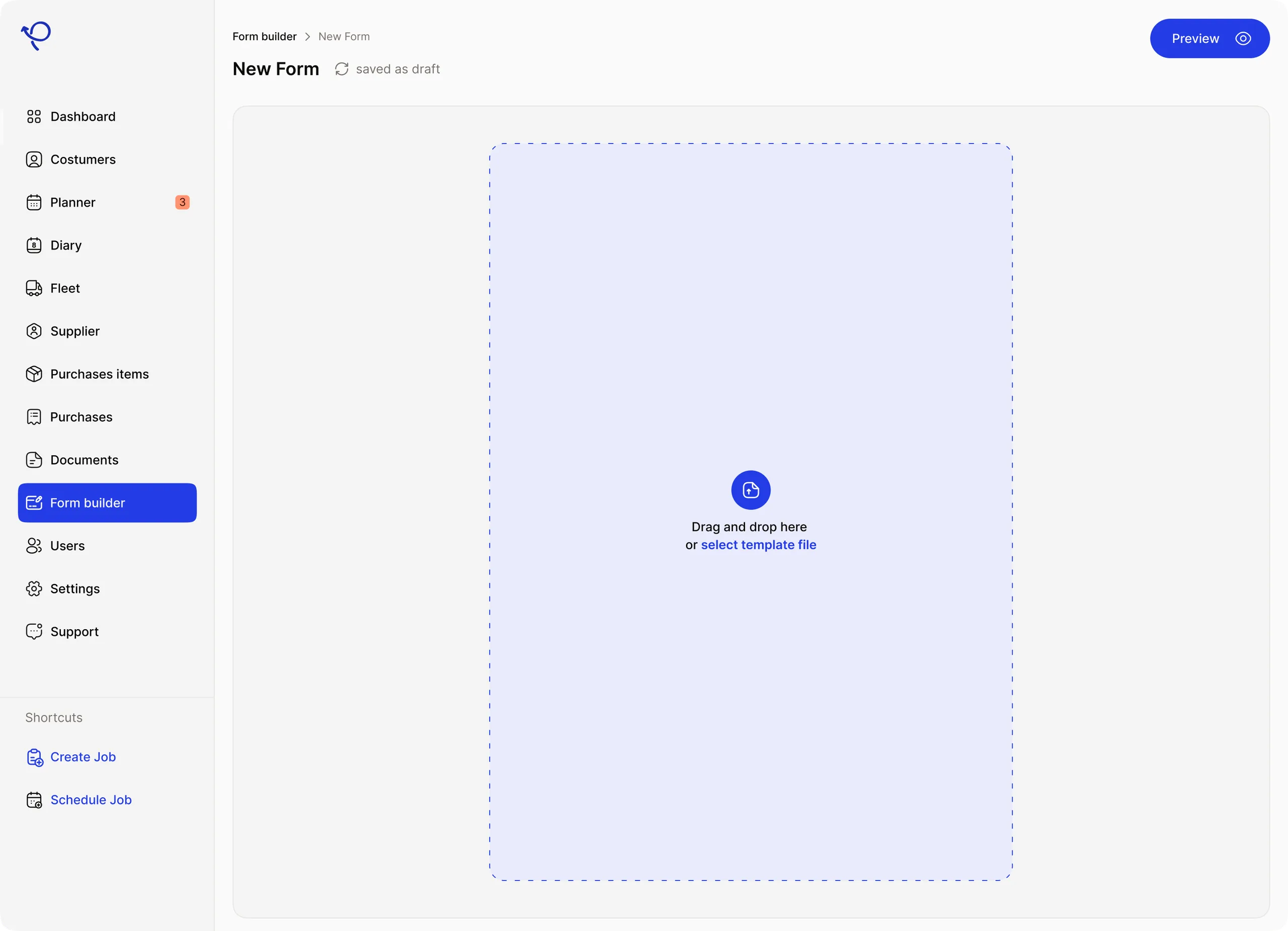 A new form in the builder, with a drop zone for its PDF template