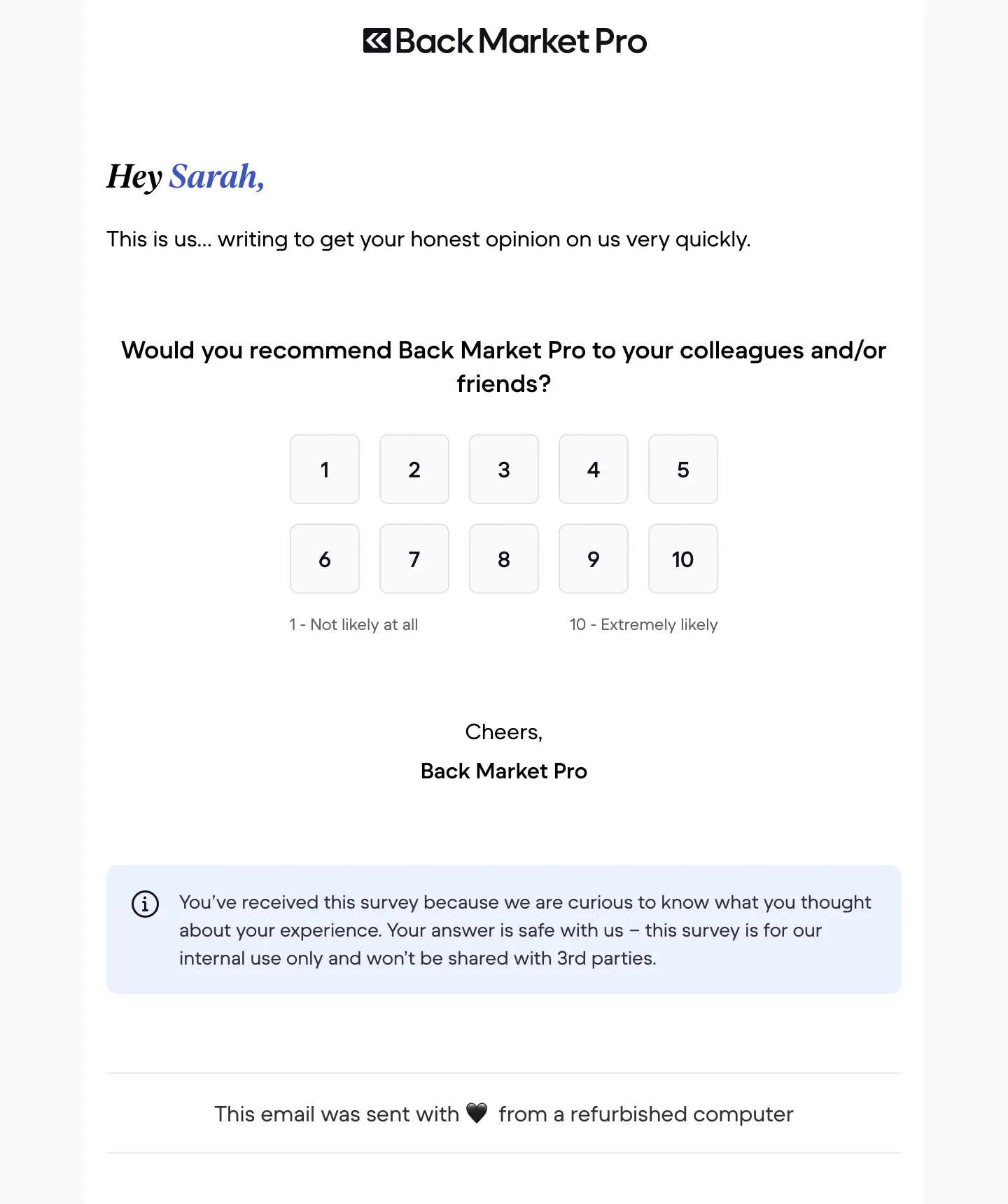 Customer survey email: Would you recommend Back Market Pro to your colleagues?