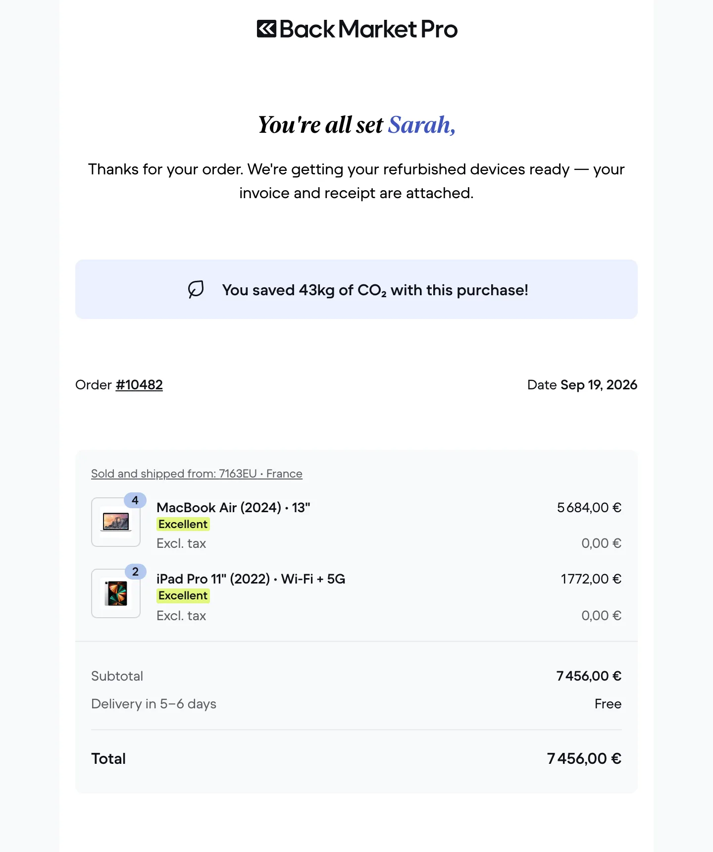 Order confirmation email: You’re all set, with the CO₂ saved and the order summary