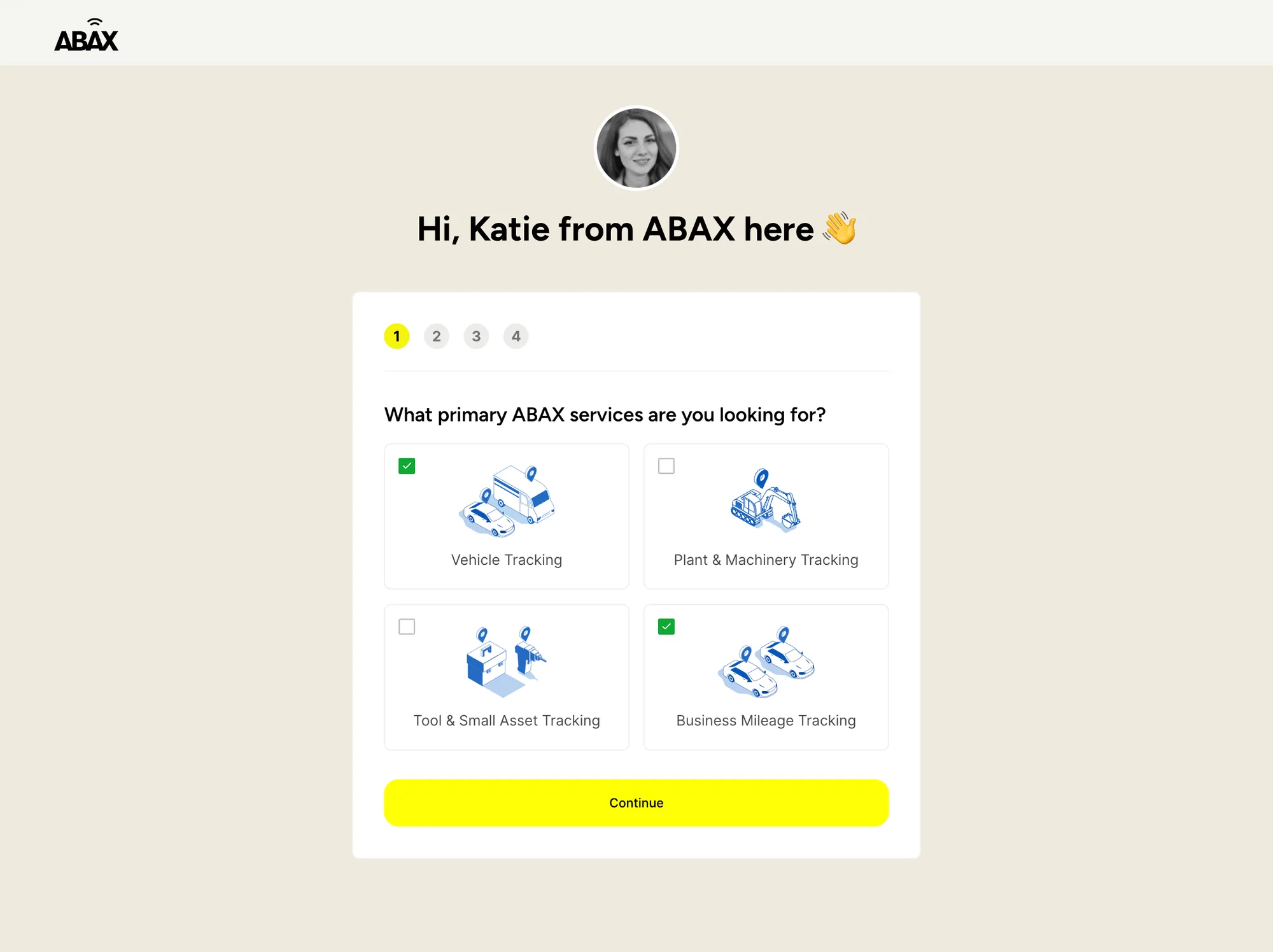 A four-step price request: which ABAX services are you looking for, with the steps numbered above