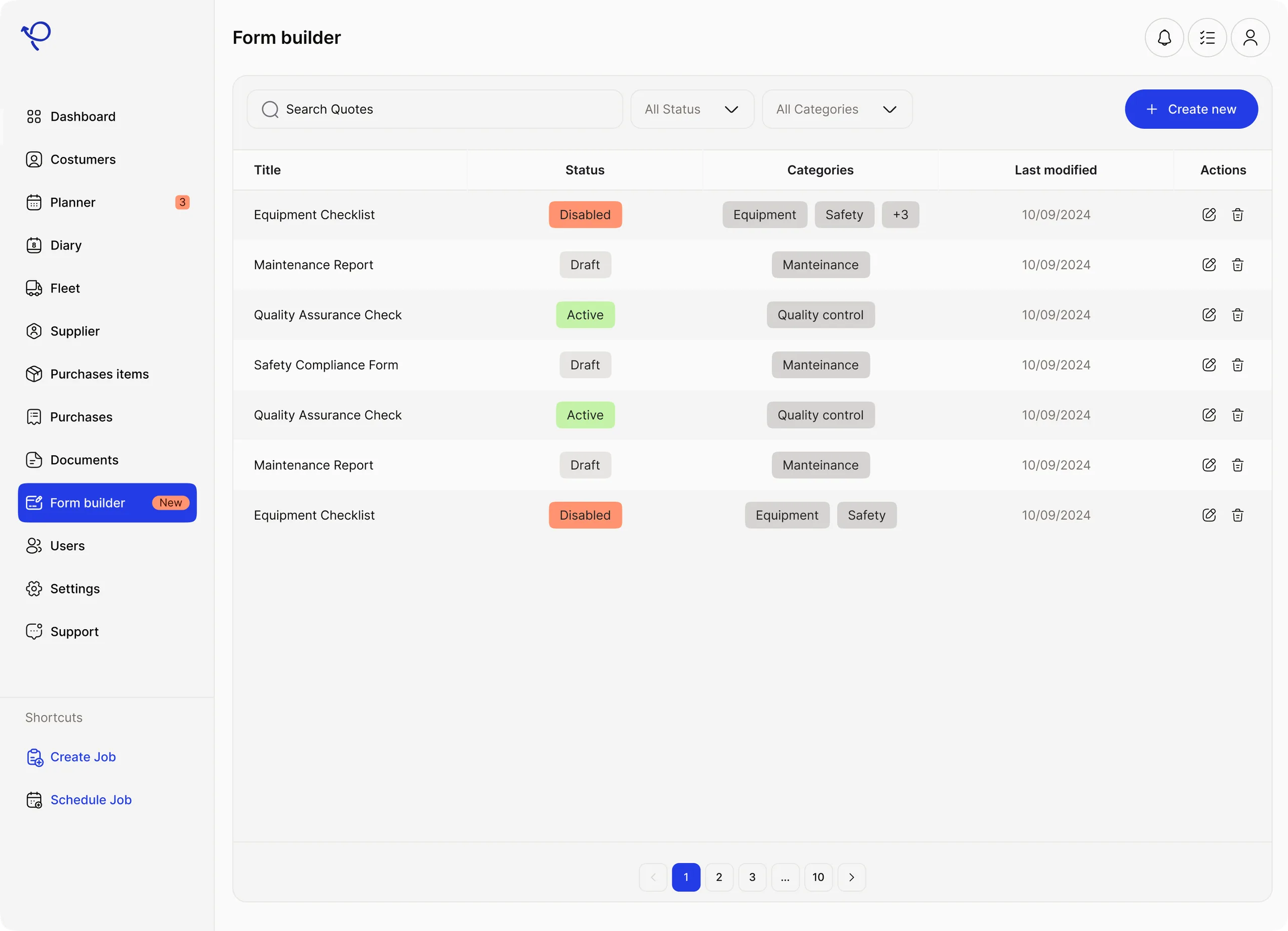 Form builder: forms listed with their status, categories and last update