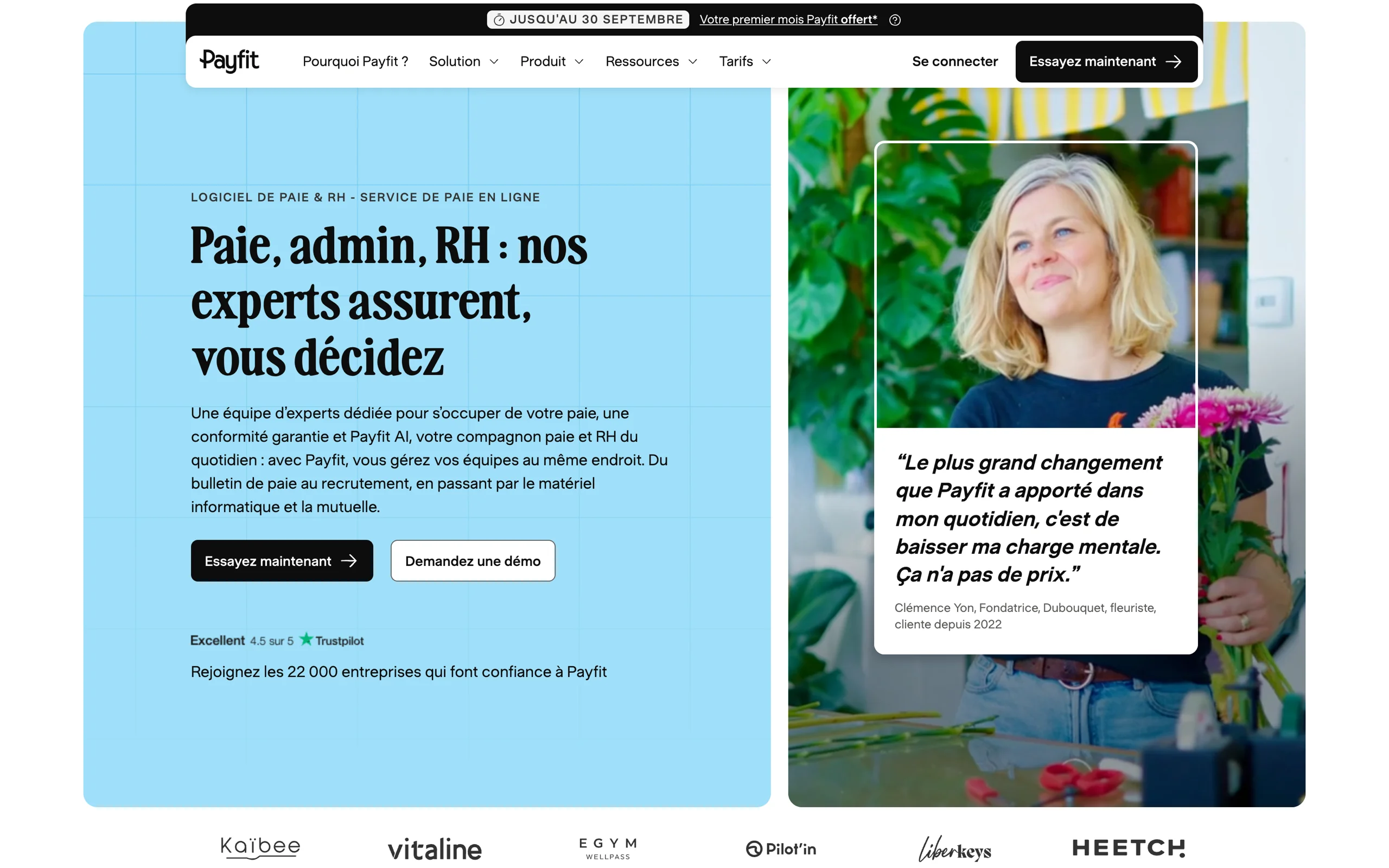 payfit.com home page: payroll, admin and HR handled by Payfit experts, beside a customer portrait and quote