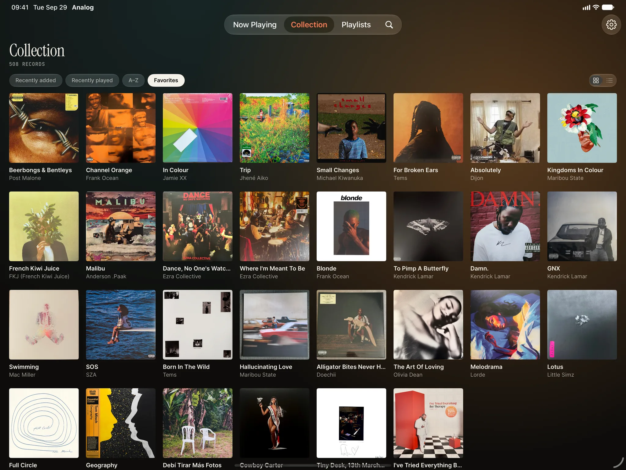 Analog on iPad: your favorite records in a grid of covers, eight across