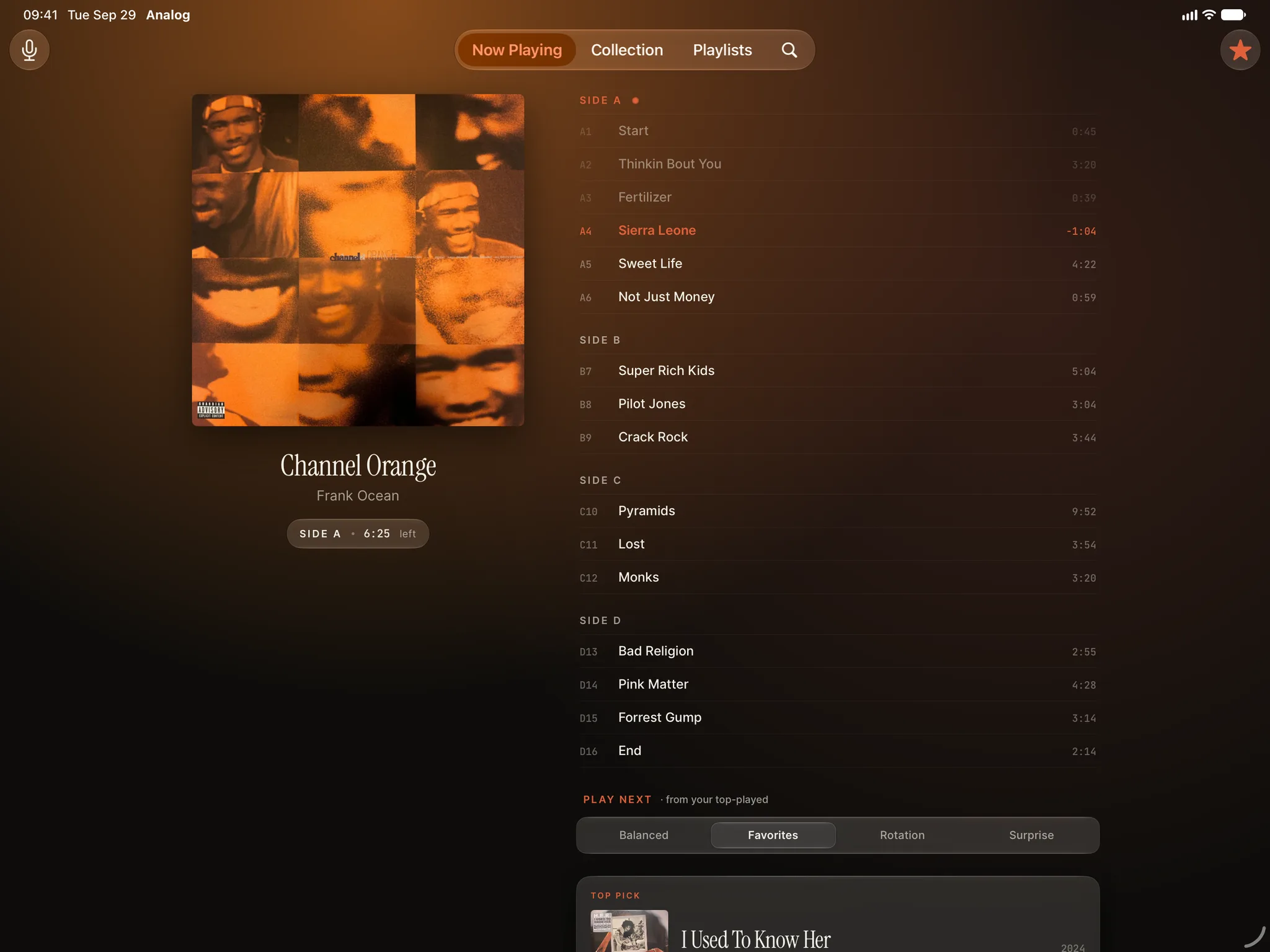 Analog on iPad: Channel Orange by Frank Ocean now playing, the cover beside the tracklist and Play Next