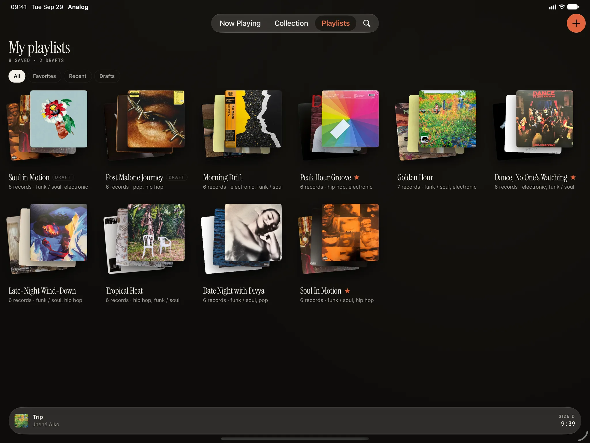 Analog on iPad: your saved playlists, each fanned like a pile of sleeves