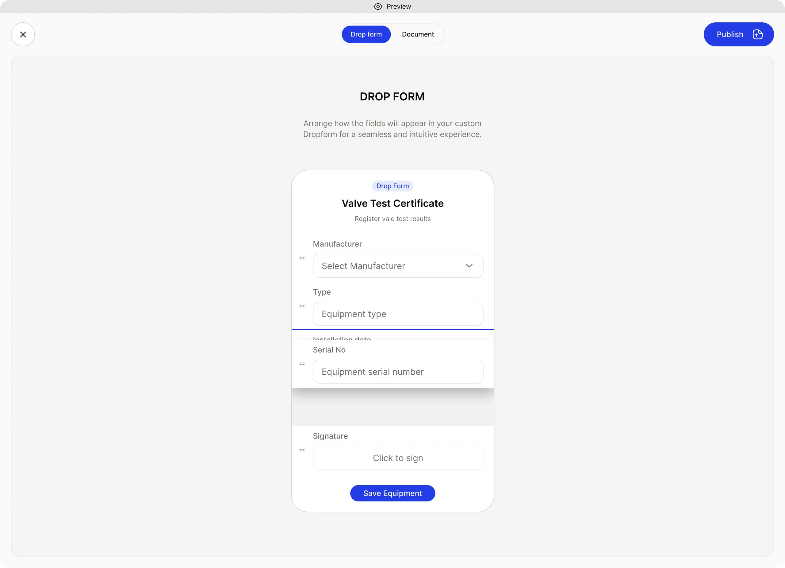 Mobile preview of the Valve Test Certificate form, with a signature field, before publishing