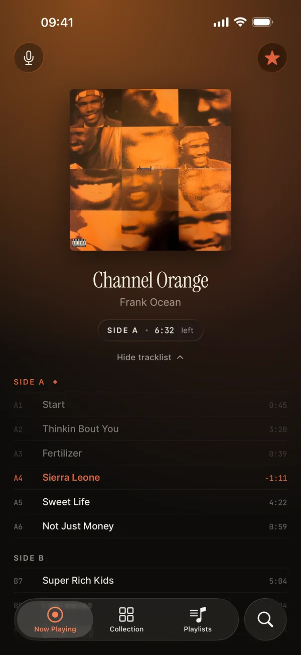 Analog app: Now playing: the record, the side and the tracklist