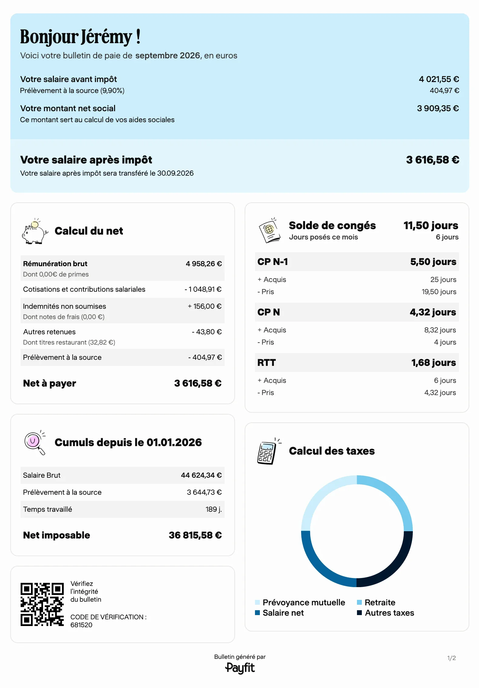 A generated French payslip greeting Jérémy, with the September 2026 pay, leave balances and a chart of the taxes