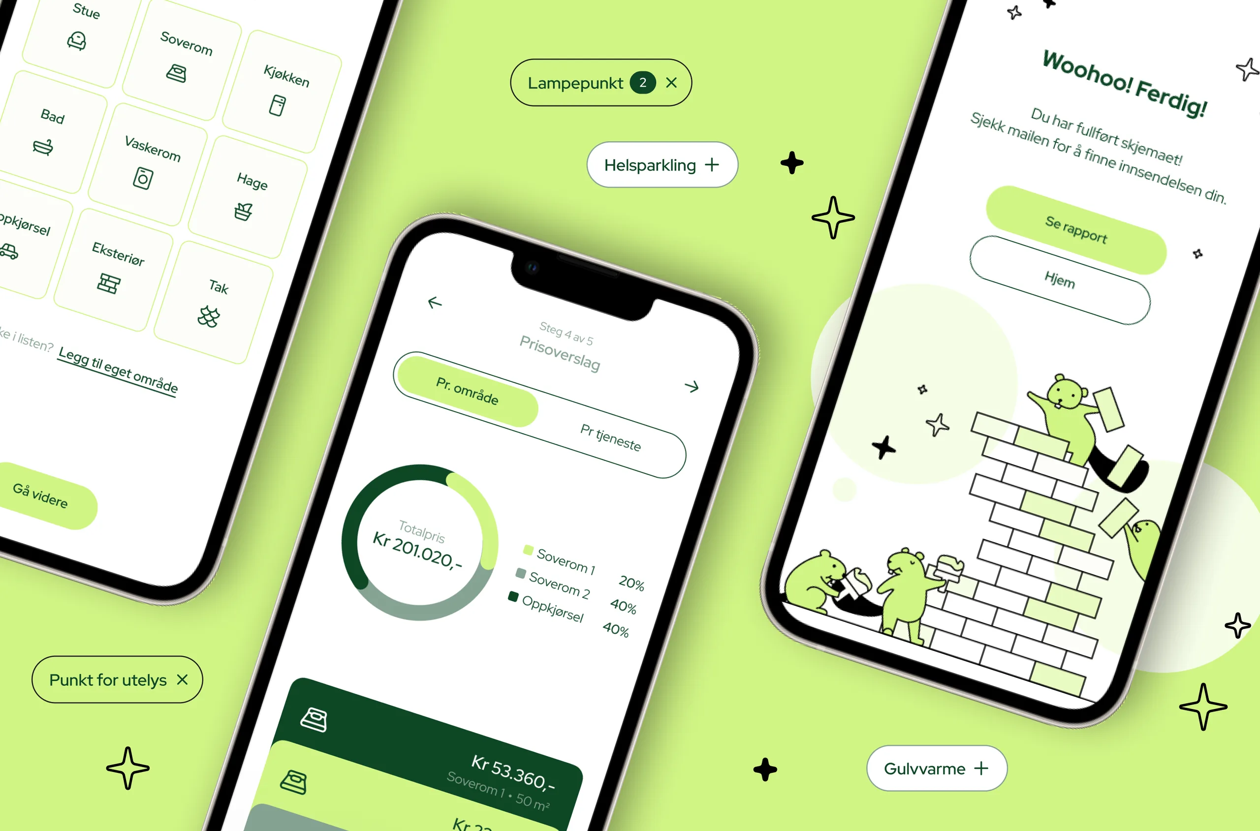 Nucase on three phones: choosing the areas to renovate, the price estimate by area and the finished report, with the beaver mascots
