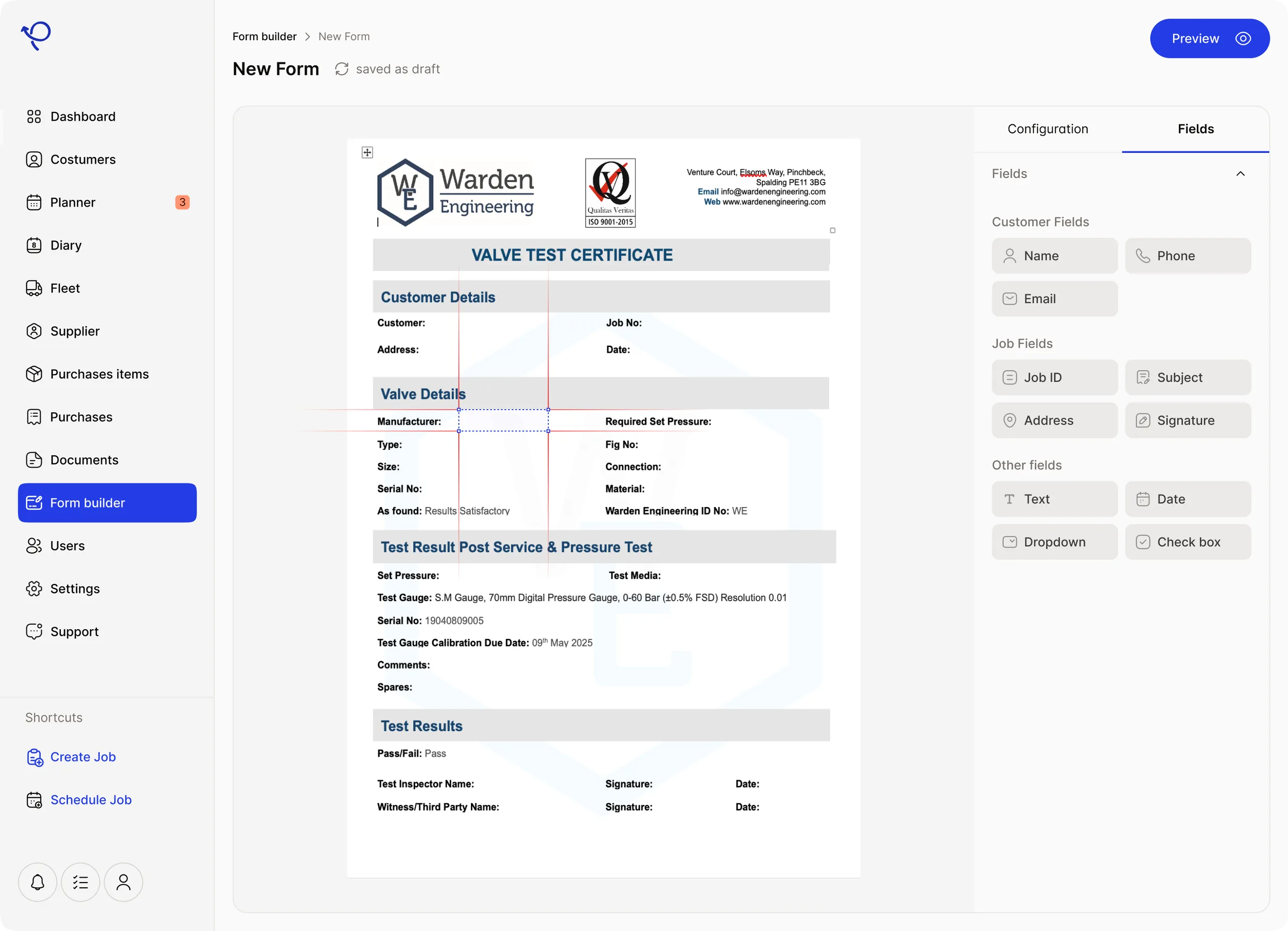 Placing fields on a valve test certificate, with alignment guides and the fields panel