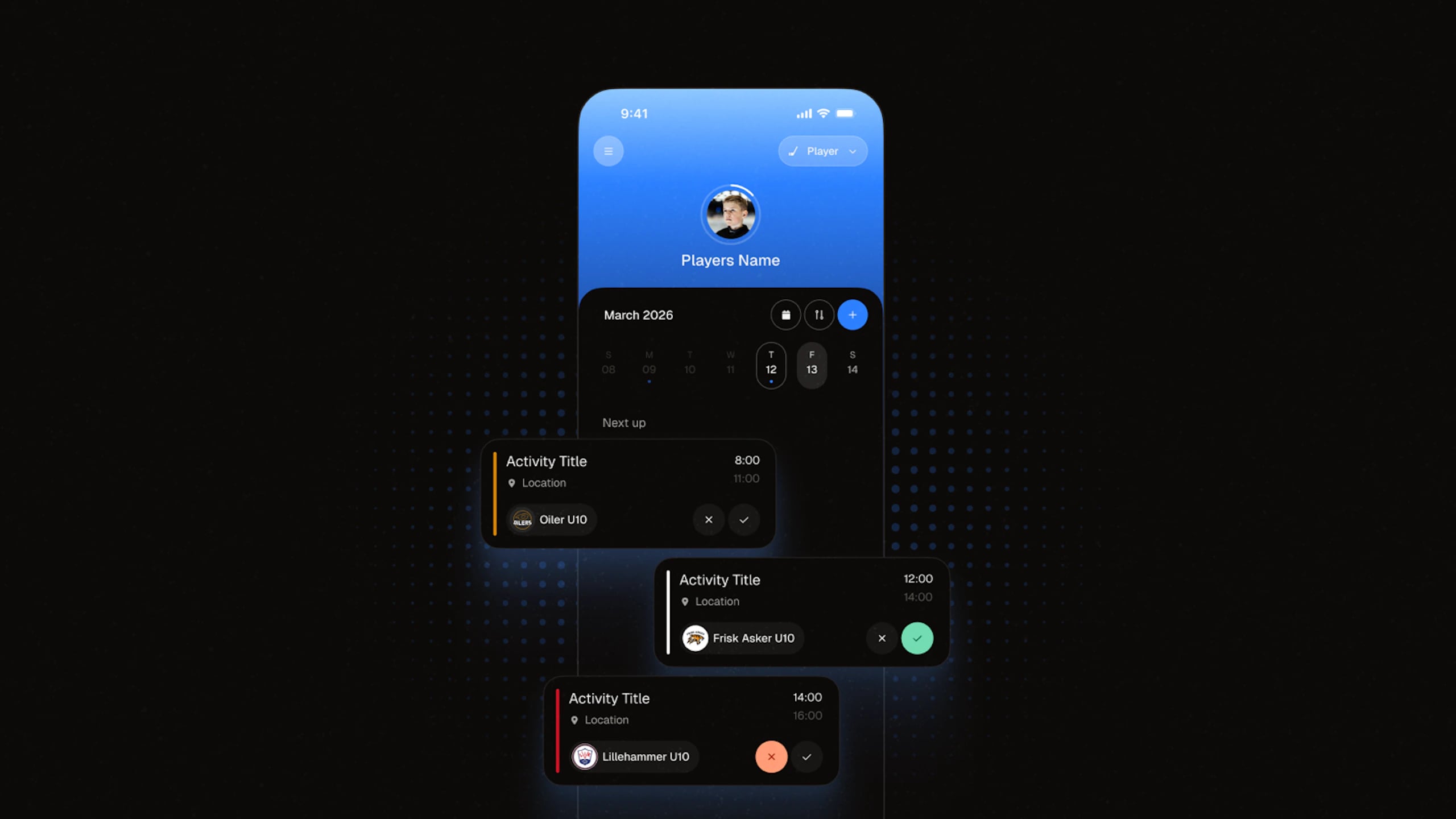 Player calendar with practices from three different teams, each with a reply button