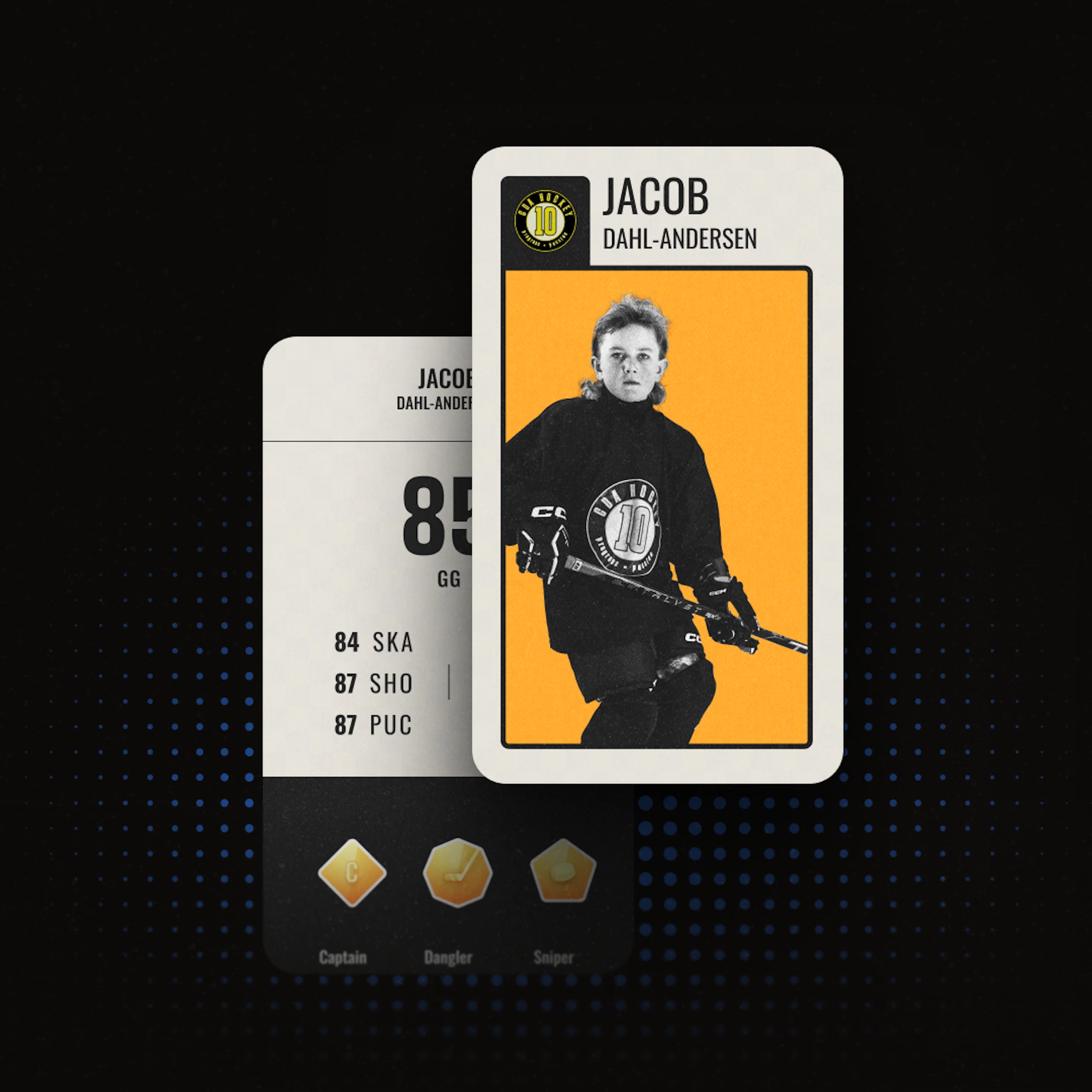 Player card with ratings for skating, shooting and puck handling, and badges to unlock