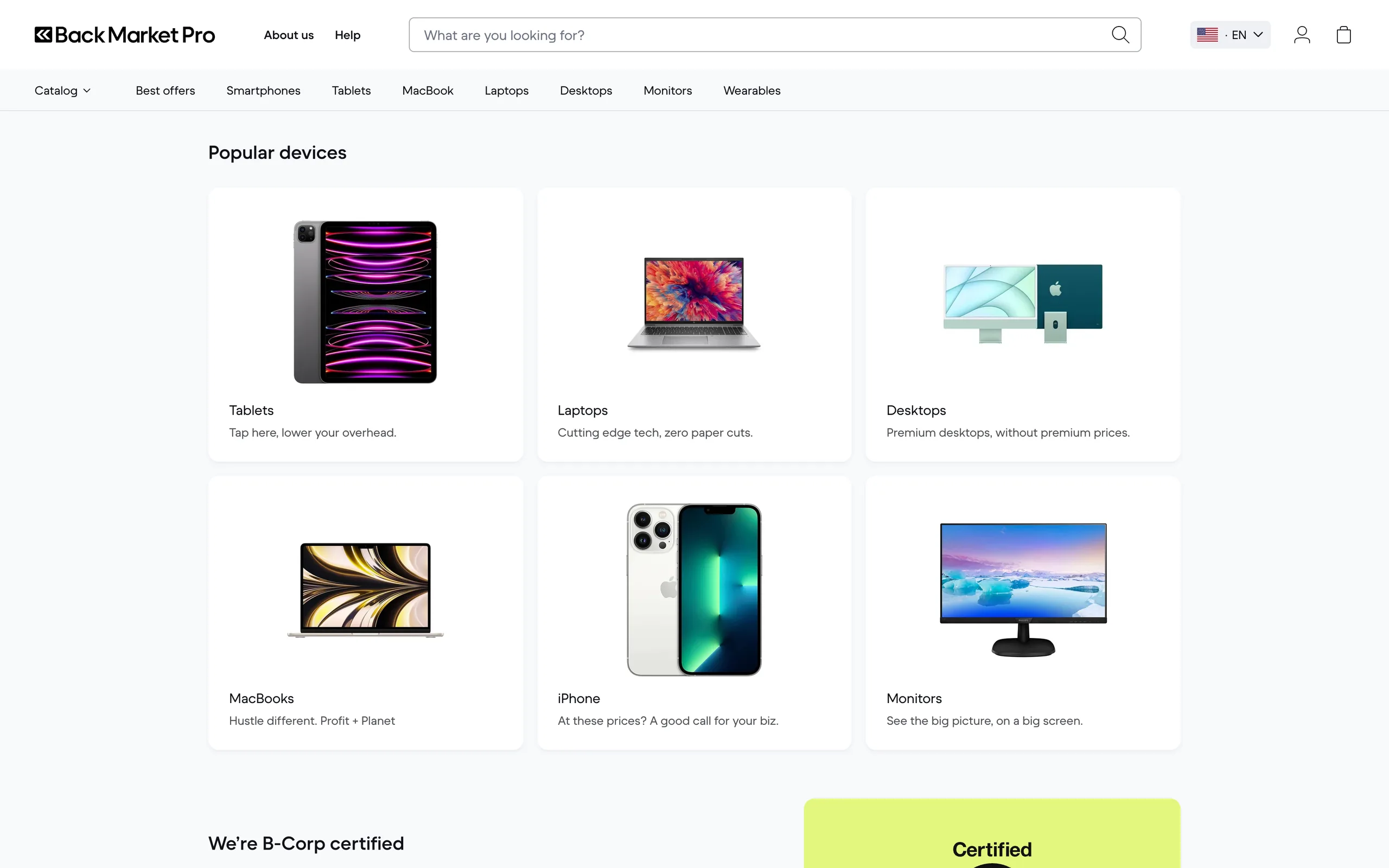 Product categories: tablets, laptops, desktops, MacBooks, iPhone and monitors
