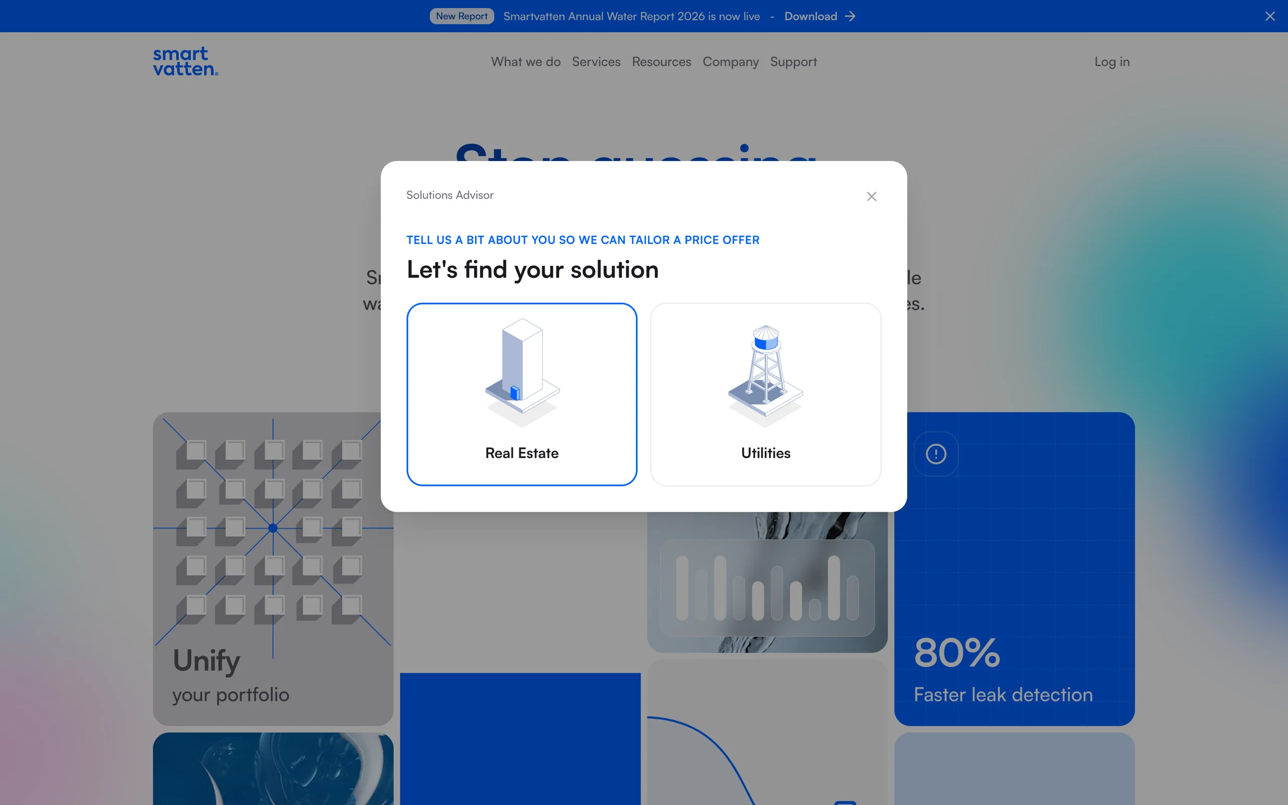 The Price Wizard, opened over the home page: tell us a bit about you so we can tailor a price offer, starting with real estate or utilities