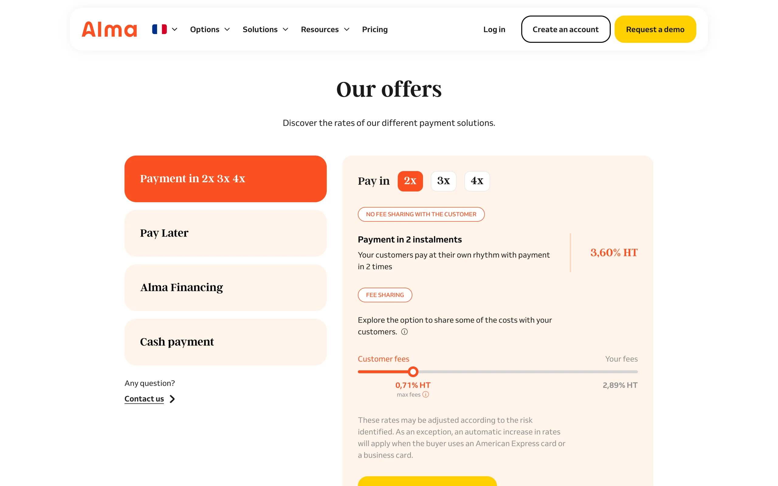 Pricing page: rates for each payment solution, with a slider to share the fees with customers