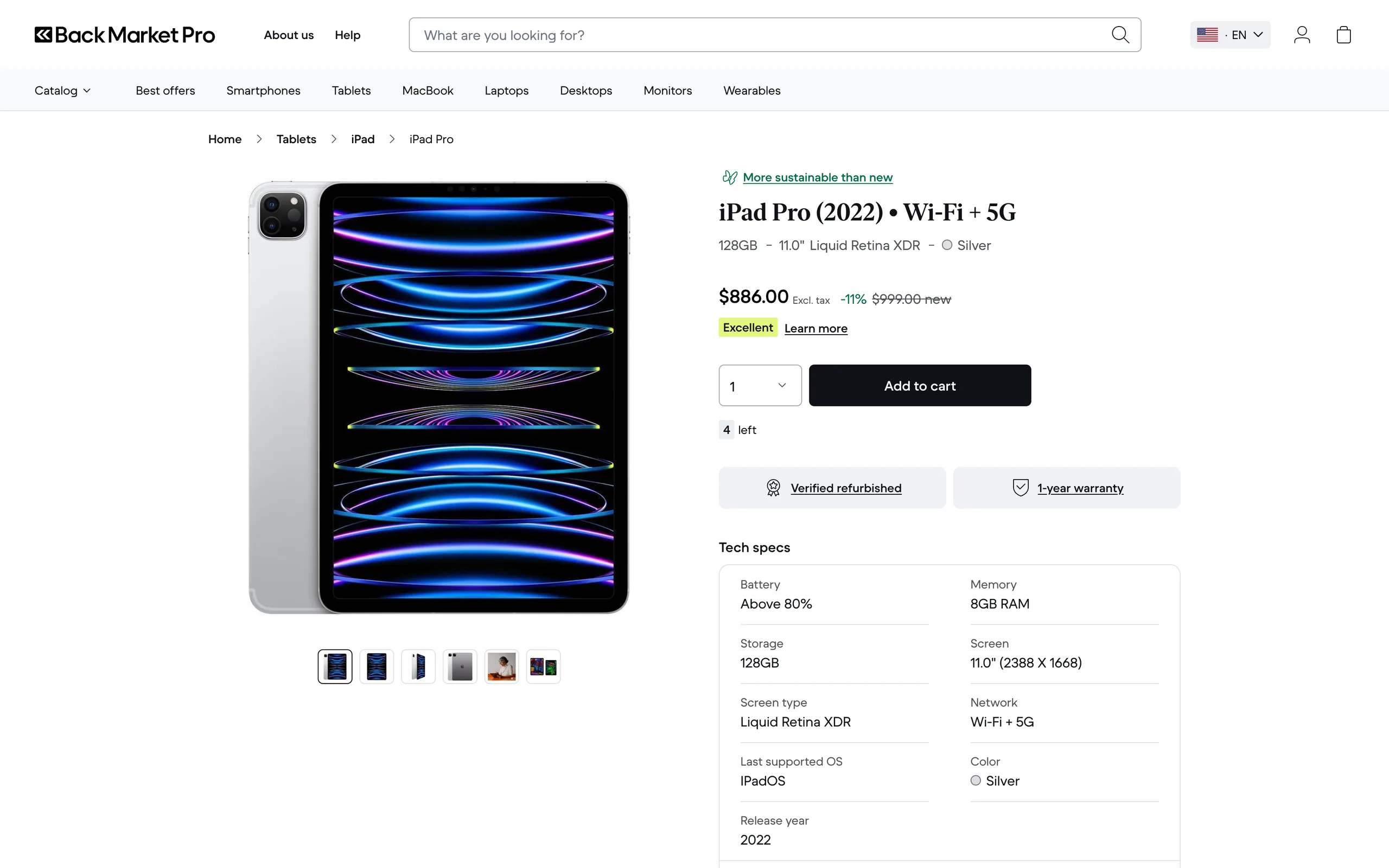 iPad Pro product page with price, condition and tech specs