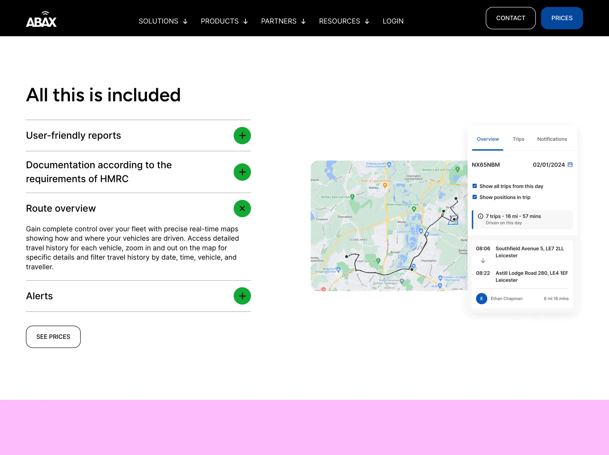 Product page: what is included, with reports, route overview and alerts next to the app
