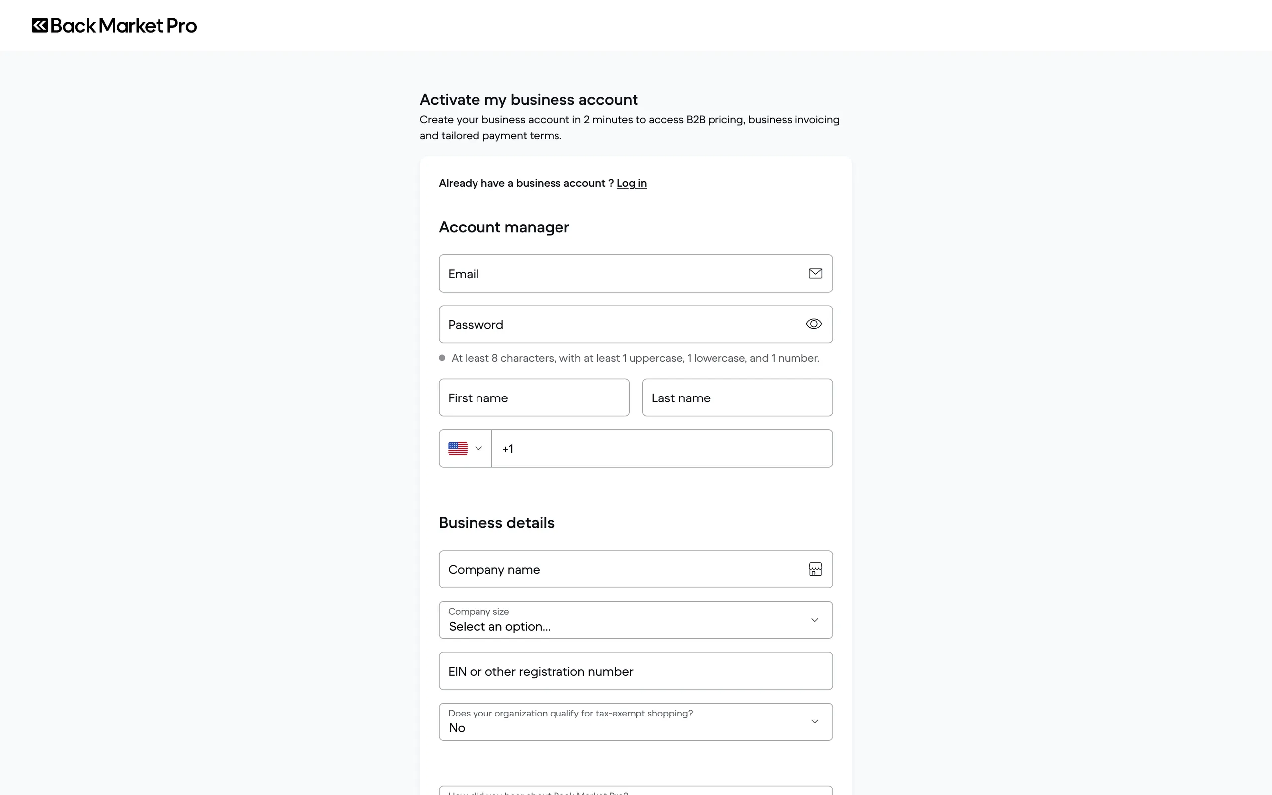 Business account sign-up form