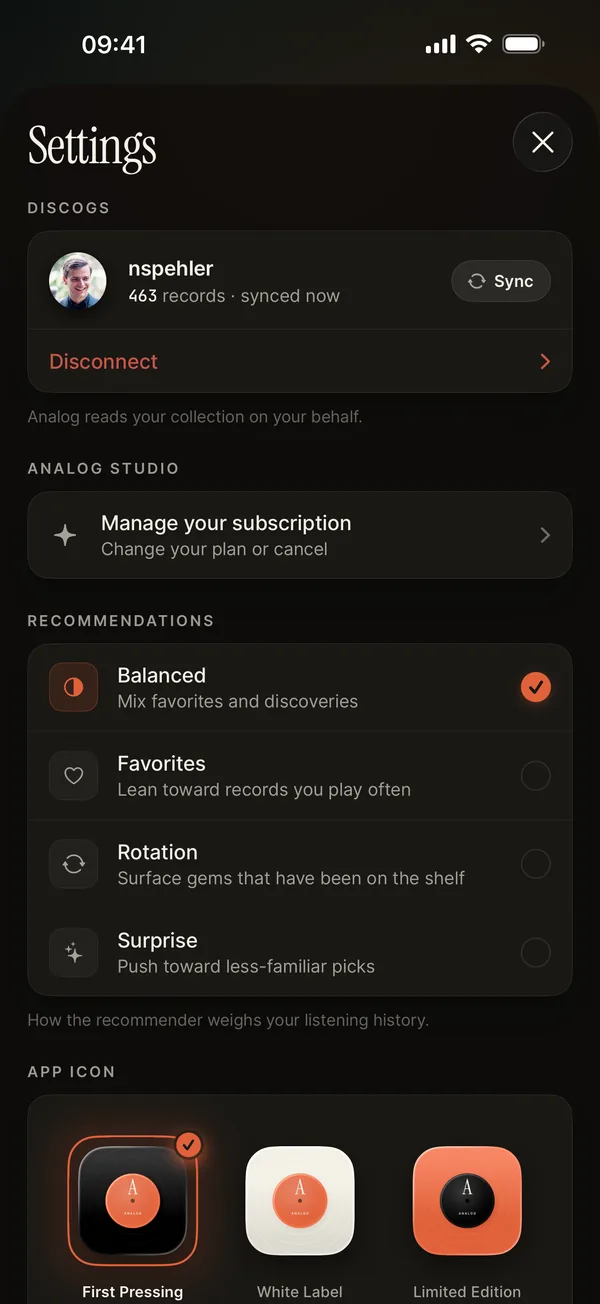 Analog app: Settings: recommendations and app icons
