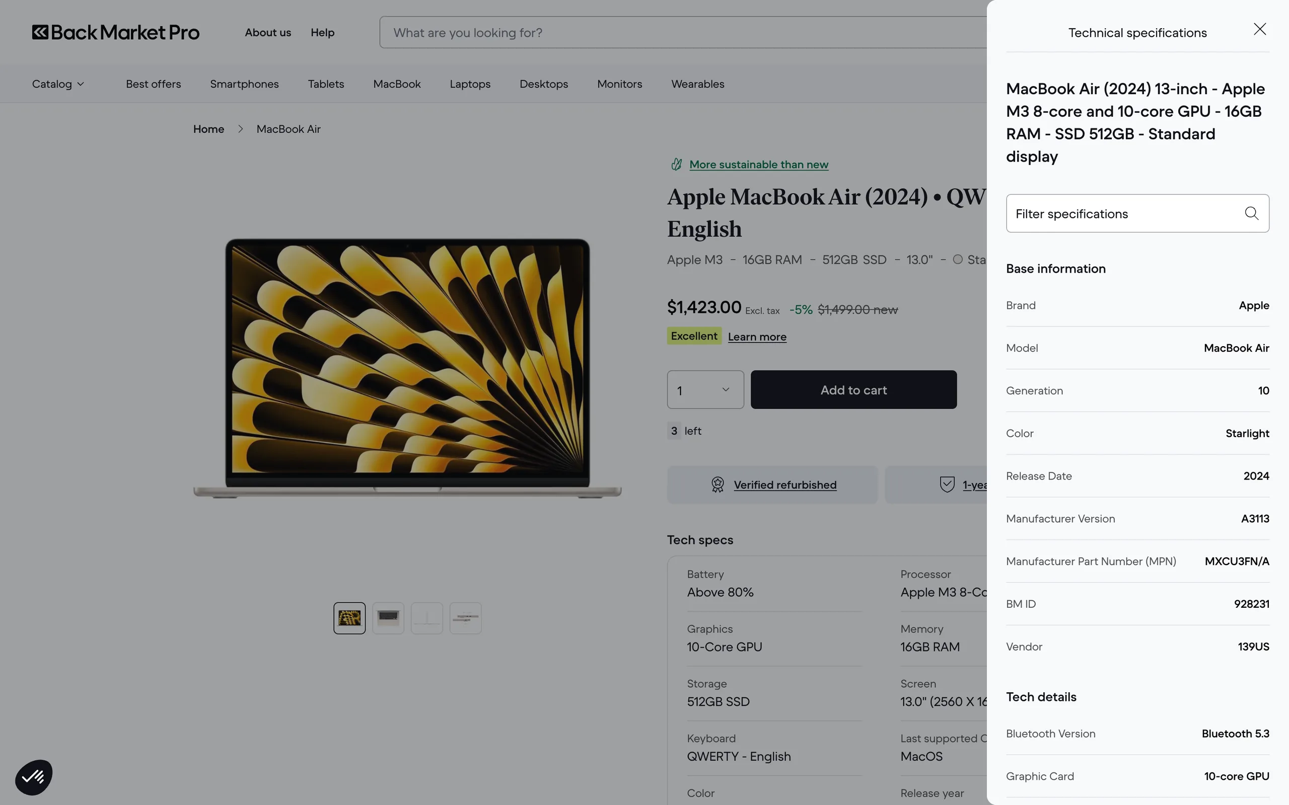 MacBook Air product page with the technical specifications panel open