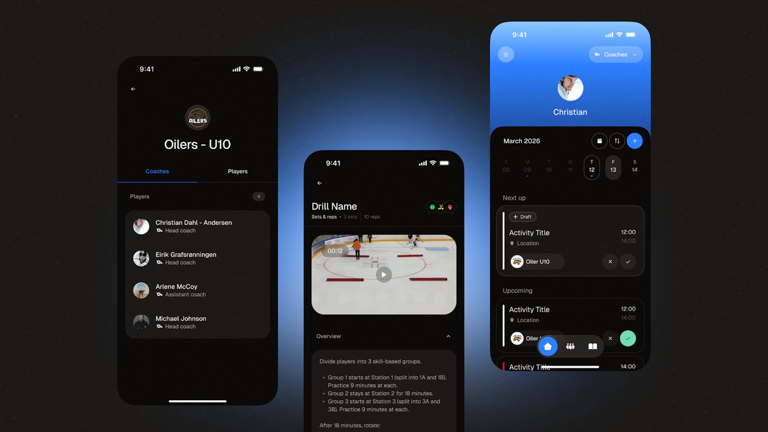 goalGetr on three phones: a team roster, a drill with its video and a coach’s calendar