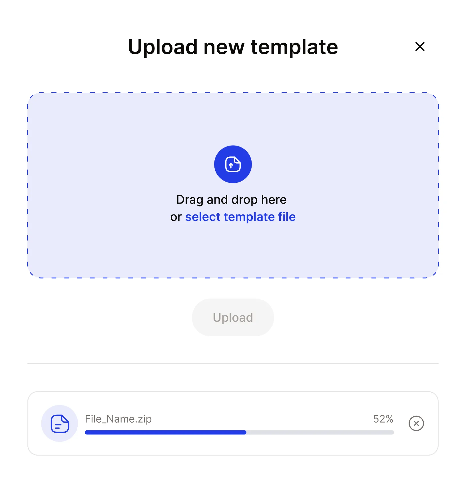 Upload new template: drag and drop a PDF, with the upload progress